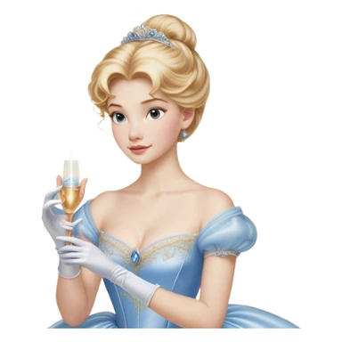 Cinematic Realistic Cinderella Portrait, depicted with lifelike skin texture, subtle rosy undertones, and soft natural lighting that enhances the gentle contours of her face. Her intricately detailed golden blonde hair is elegantly styled in an updo, with delicate wisps framing her face. Her deep, expressive blue eyes radiate warmth and sincerity, reflecting a quiet resilience and grace. She holds a glass slipper gently in one hand, her other hand resting gracefully at her side, emphasizing the timeless beauty of the moment. She is dressed in her iconic ball gown, the fabric shimmering with intricate embroidery and fine translucent layers that catch the light beautifully. The soft sheen of satin gloves adds a magical touch to her graceful pose. The portrait features an enchanting glow with a natural, luminous finish, seamlessly blending realism and fairytale charm to evoke a sense of depth, elegance, and timeless beauty. sticker