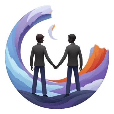 Center composition: Two silhouetted figures standing back-to-back or side-by-side in a circle of calm (soft blues, lavenders, white light)
Around them: Swirling storm energy—abstract shapes, wind lines, chaotic movement in reds, oranges, and dark grays sticker