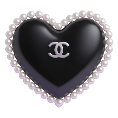 glossy black heart with a string of pearls around it, featuring a silver Chanel logo in the center, elegant, black and white color scheme sticker