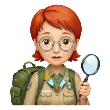 scout old woman backpack and magnifying glass, red sticker