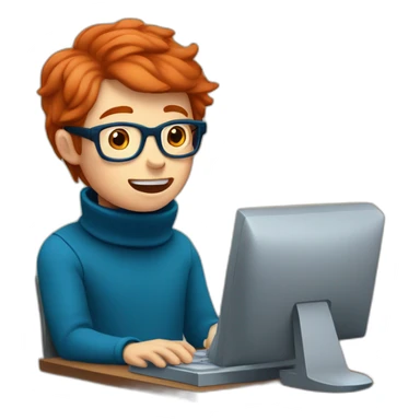 a red-haired boy with glasses and blue eyes in a turtleneck works at the computer and sings sticker