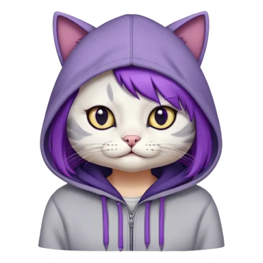 Stylized cat with purple bob styled hair, large circular half-lidded eyes with black eyeliner, a small oval nose, a permanent grimace, dark gray fur, off-white hoodie sticker
