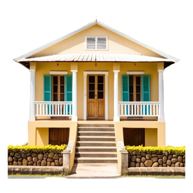 A typical wooden house from rural Puerto Rico with a central functional door, two symmetrical windows with shutters, a front porch with open railings, and a rocking chair. The house should look humble but well-maintained, evoking warmth and authenticity. sticker