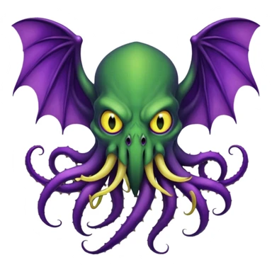 deep green Cthulhu with purple bat wings and purple gradient tentacles. Yellow angry eyes. yellow suckers on tentacles. dramatic ominous shading. two saber-teeth sticker