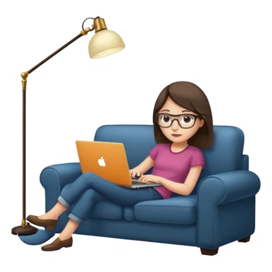 A girl is working with a laptop while lying on a sofa, with a floor lamp to the right. sticker