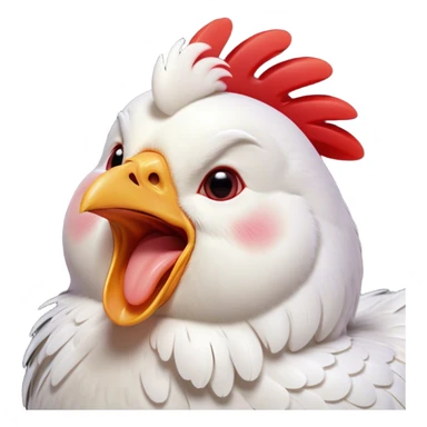 Cinematic Cute Yawning White Chicken Portrait Emoji, Head tilted slightly with a dramatic, wide-open yawn, showcasing a soft, fluffy white plumage with a crisp red comb and drooping wings, round beady eyes barely open in drowsy contentment, Simplified yet irresistibly adorable features, highly detailed, glowing with a soft, cozy glow, high shine, relaxed yet expressive, stylized with a touch of whimsy, bright and endearing, soft glowing outline, capturing the essence of a sleepy yet affectionate chicken, so drowsy it feels like it could stretch out of the screen and curl up for a nap! sticker