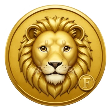 Fais un emoji de pièce d'or ronde avec l'inscription "F" dessus et un lion très détaillé gravé sur la pièce. Le F et le lion doivent être très lisible ainsi que les détails autour de la pièce. Le lion doit être gravé et en 2D il doit pas ressortir, il doit être subtile, le F doit être très visible sticker