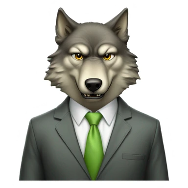 Portrait of Big Bad Angry Wolf with a human-like face wears a sleek jacket and tie like a salesman with a light green tie sticker