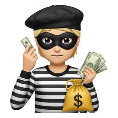 a short ios emoji-style portrait of a classic burglar, a black eye mask (looks like a blindfold) and a black-and-white striped shirt. emoji-like hair, black hat, ONE bag of money 💰 with a dollar sign in a right corner sticker
