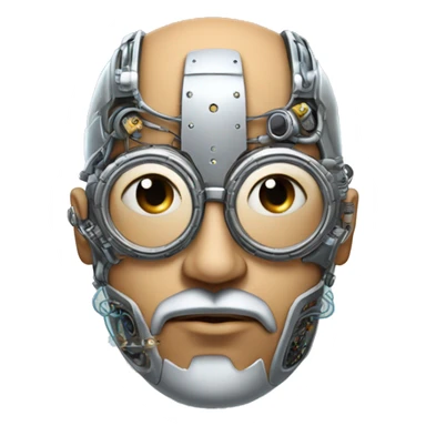 Tan bald male Latino cyborg head with grey beard, silver steampunk monocle goggles and circuits sticker