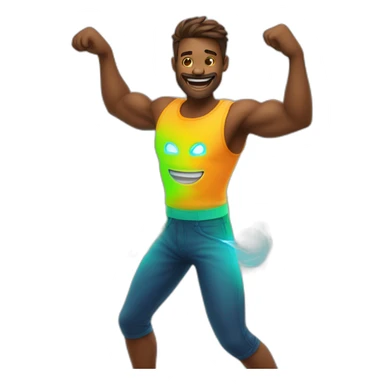Fit, playful emoji-man with vivid neon glow, exuding a cheerful aura, and strong, lively posture.”  sticker
