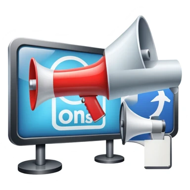 An icon featuring a megaphone, a billboard, and social media icons, symbolizing advertising and public relations. The design includes a press release and a rising graph, representing brand promotion and communication strategies. Transparent background highlights media influence and outreach. sticker