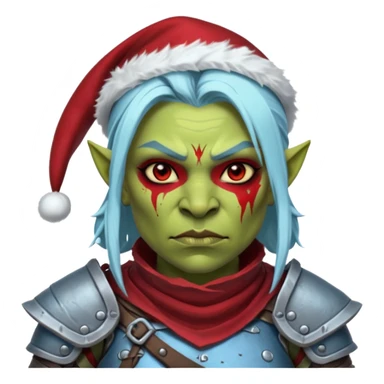 Fantasy Christmas orc legion soldier icon, iron tundra army theme, heavy winter armor, disciplined brutal look, dark icy steel armor with bold crimson cloth and markings, cold blue shadows, high contrast, clean emoji portrait style, female variant sticker
