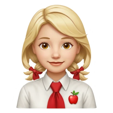 A Soviet pioneer girl emoji — smiling young girl wearing a white shirt and a bright red pioneer necktie tied in a loose triangle knot with wide ends (not a formal tie). No hat or headwear. Blonde hair, friendly face, flat minimal emoji style, Apple emoji aesthetic, clean outlines and soft shading. sticker