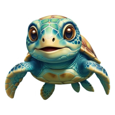 Cinematic Realistic Cute Sea Turtle Portrait Emoji, Head tilted playfully and inquisitively, featuring a compact, gentle form with a beautifully detailed shell adorned with natural patterns and a soft, expressive face with sparkling eyes, rendered with realistic textures and warm ambient light; high shine, affectionate and spirited, styled with a touch of marine whimsy, soft glowing outline, capturing the essence of a mischievous yet lovable sea turtle that seems ready to swim playfully into your arms! sticker