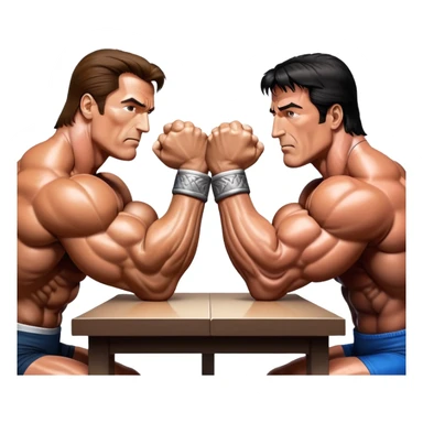Arnold Schwarzenegger and Sylvester Stallone from 'Over the Top,' locked in an arm wrestling battle, using only their right hands. Their left hands rest on the table. Both display immense strength, with muscular arms flexing, under bright competition lights. Transparent background. sticker