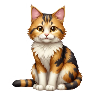 cinematic-[calico tabby cat]-realistic-full-body-sitting-emoji,-tail-curled-playfully-around-its-paws,-head-tilted-dramatically,-scruffy-[calico]-fur,-simplified-yet-realistic-focused-features,-highly-detailed,-glowing-with-an-almost-sarcastic-glow sticker
