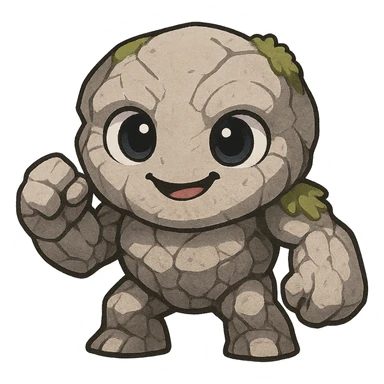 Tiny from Dota 2 in a cute chibi-style cartoon redesign, round proportions, big eyes, playful expression sticker