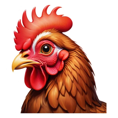 Cinematic Cute Brown Rooster Portrait Emoji, Head tilted playfully and inquisitively, featuring a glossy, immaculate brown plumage with a vibrant red comb, round, sparkling warm eyes filled with curiosity, Simplified yet irresistibly adorable features, highly detailed, glowing with a warm, friendly glow, high shine, affectionate and spirited, stylized with a touch of farmyard whimsy, bright and endearing, soft glowing outline, capturing the essence of a mischievous yet loving rooster, so playful it feels like it could strut out of the screen and into your arms! sticker