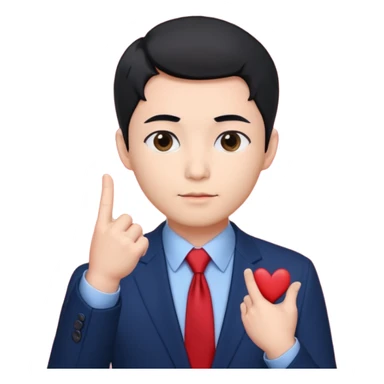 A man in very black short hair with all back hair style, wearing dark blue suit and red tie, making a Korean finger heart like photo sticker