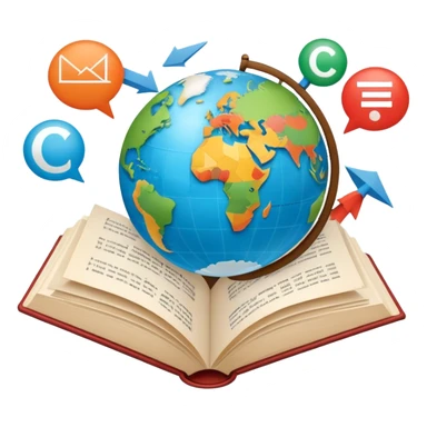 An icon featuring an open book with speech bubbles showing different alphabets—Latin, Cyrillic, Kanji. A globe and translation arrows symbolize global communication and language learning. Transparent background highlights cultural exchange and linguistic diversity. sticker