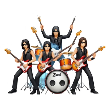 Icon for Metal Music: metal band on stage with 4 musicians playing electric guitars, bass, and drums. The atmosphere is intense, with flashing lights, smoke, and energetic stage presence. The vibe is powerful and electric. Transparent background. sticker