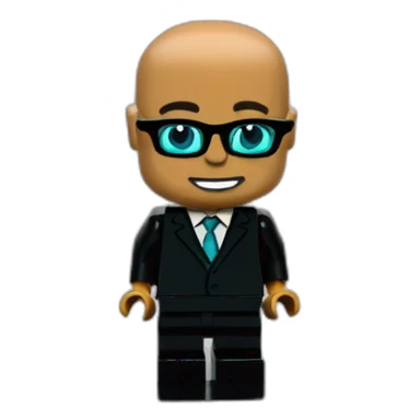 bald tan lego with turquoise glasses in black suit kneeling to propose sticker