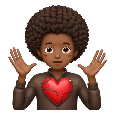 I want a black boy with chocolate skin and a small messy afro holding a heart close to his chest with his hands over the heart as if to present it to someone he loves. sticker