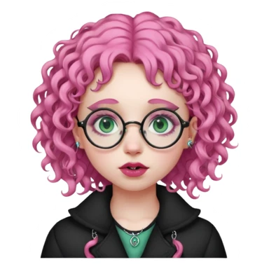 . Gothic girl with pink curly hair, round glasses, septum piercing, nostril piercing, almond eyes, blueish green eyes, sticker