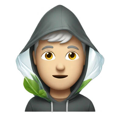 Quiet white man with hood up holding a clear plastic bag with green leaves inside sticker