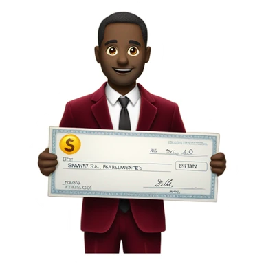 fat guy in dark red velvet suit holding cheque sticker