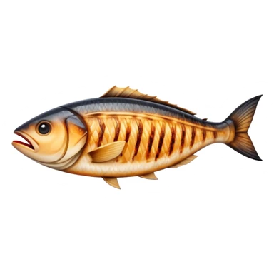 Cinematic Realistic Gradele (Grilled Fish) Dish Emoji, depicted as perfectly grilled fish with a smoky, charred finish rendered with lifelike detail and appetizing, natural lighting. sticker