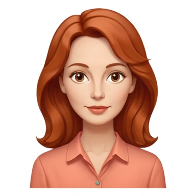Middle-aged woman with elongated face, gentle structure, prominent cheekbones, warm expression, medium almond dark eyes, softly arched eyebrows, straight slender nose, friendly defined lips, reddish wavy hair with volume, wearing a coral-colored artistic-cut comfortable shirt sticker