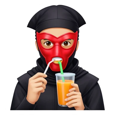 Masked man in dark clothing holding and drinking from a juice box with a straw, comical contrast between serious masked appearance and innocent juice sticker