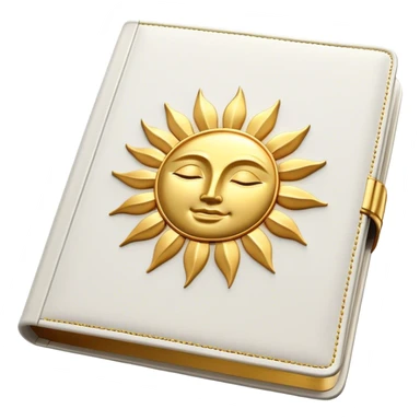 A white leather book with golden accents, smooth and polished, embossed with a symbol of six pillars, a sun, or a glowing mirror, radiating strength, confidence, and the power of self-worth.  sticker