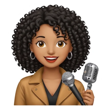 brown skin woman, curly black hair, singer, hold micro sticker