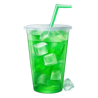 Realistic see through plastic cup and lid with half full Transluscent green soda,straw and large ice cubes inside. sticker