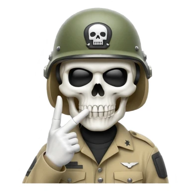 A bold emoji-style (bodyless) white skull wearing a realistic modern army helmet, making a shushing gesture (index finger bone held up to mouth area). Clean vector style,modern emoji aesthetic.The helmet has detailed realistic texture. sticker