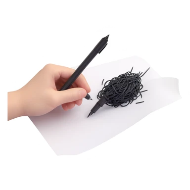 A hand holding a pen, aggressively scribbling on a piece of paper. The pen is clearly visible. The paper is filled with random black scribbles, so dense that most of it looks nearly black sticker