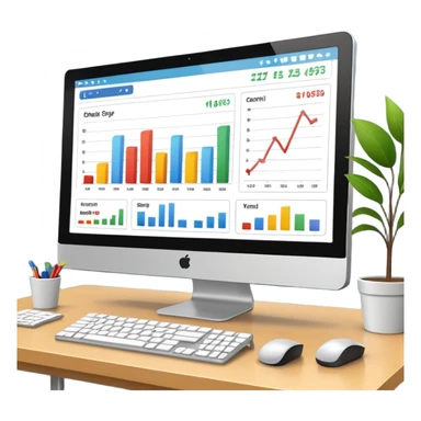 Create a modern desktop computer displaying financial charts and analytics dashboards on the screen. sticker