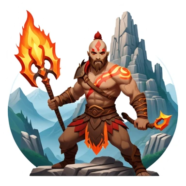 An icon showing a powerful warrior wielding a weapon, inspired by God of War: Ragnarok. The design captures the character’s strength, with dynamic motion lines. A fiery, mythological background with mountains and ruins enhances the epic atmosphere. Transparent background. sticker