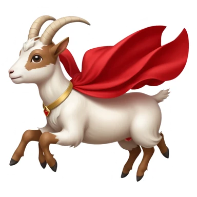 side view of white female goat wearing a read cape like superman sticker