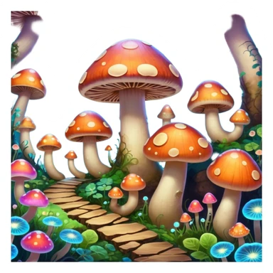  "A whimsical mushroom world filled with giant glowing mushrooms, soft bioluminescent spores floating through the air, and friendly oversized snails with colorful spiral shells exploring the landscape. Fantasy atmosphere, vibrant colors, dreamy lighting, highly detailed sticker
