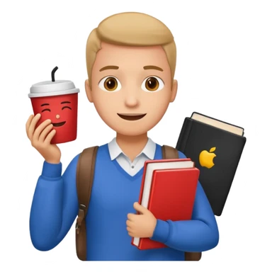Create two emoji characters.

Left: a stressed student preparing for IELTS, holding books and coffee, tired face, exam stress.

Right: a happy confident student after IELTS, traveling abroad, airplane, university, freedom, smiling.

Style: Apple emoji, clean, simple, white background. sticker