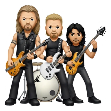 Icon for Metal Music: Metallica band four members detailed in their signature look. James Hetfield with guitar, Lars Ulrich on drums, Kirk Hammett with his electric guitar, and Robert Trujillo playing bass. Bold, energetic style, all in a heavy metal aesthetic. Transparent background. sticker