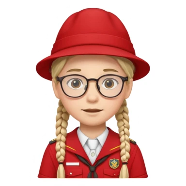 red uniform wearing scout kid with braids and glassess with hat sticker
