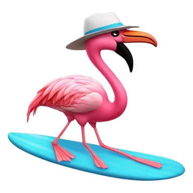 flamingo riding a surfboard wearing a hat sticker