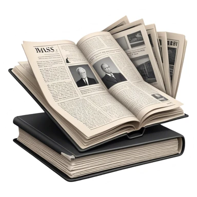 Icon for Non-Fiction & Narrative Reading: an open book with black-and-white photos on the pages, surrounded by a pile of newspaper clippings, and an open folder with top-secret documents. The icon should reflect the blend of real stories and facts in non-fiction literature. Transparent background. sticker