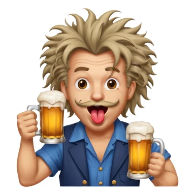 funny man with exaggerated, ridiculous, manic expression holding a beer mug, cross eyed, tongue out, wild hair sticker