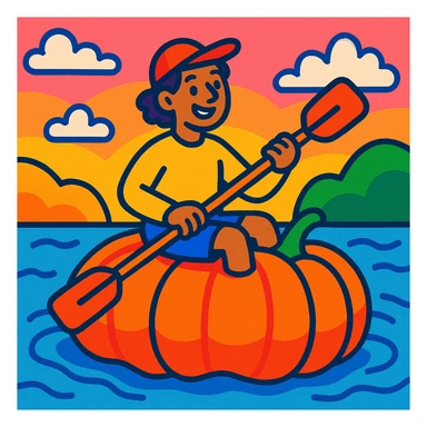 a person kayaking on a giant pumpkin, playful and whimsical, vibrant toon style, colorful and fun sticker